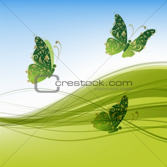 Green background with beautiful butterflies for your design 