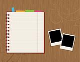 Notebook page design and photos on wooden background 