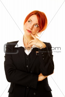 young caucasian woman as hotel worker thinking