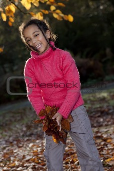Beautiful Mixed Race African American Girl Playing With Fall Leaves