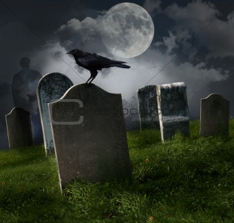 Cemetery with old gravestones and moon