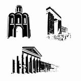 silhouette of the old-time buildings on white background