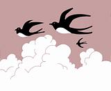 vector drawing swallow flying to cloudy sky