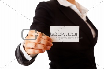 smiling modern business woman holding blank business card
