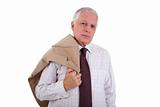 Portrait of a handsome mature businessman, holding the coat, on white background, studio shot
