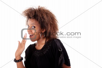 beautiful black young woman admired,  isolated on white background