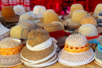 Hats arrangement on market hand craft shop
