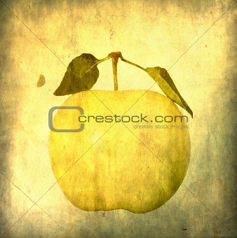 Tasty yellow apple with two green leaves