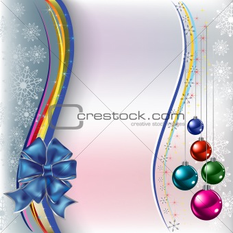 christmas greeting blue bow with balls on a white