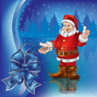 christmas greeting with Santa Claus in blue forest