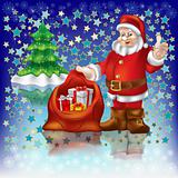 Santa Claus with christmas gifts on a blue stars background