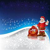 Santa Claus with christmas gifts on a snowflakes background
