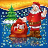 Santa Claus with christmas gifts on a stars background
