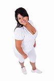 happy and casually dressed large  latin woman, isolated on  white studio shot