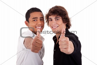 two young man of different colors, with thumb up, isolated on white, studio shot