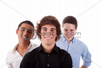 one boy, with two friends on back, of different colors,looking to camera and smiling, isolated on white, studio shot