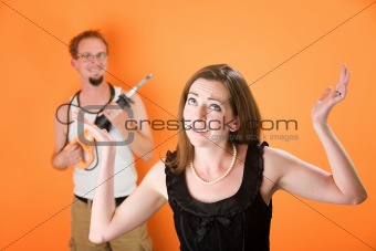 Frustrated woman and incompetent handyman