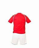 Red football shirt with white shorts