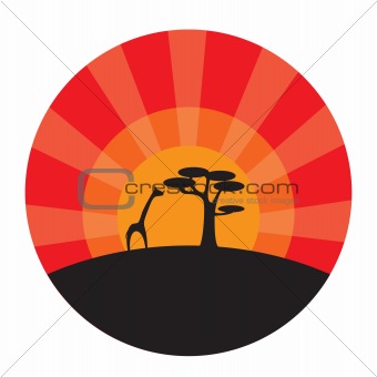 Giraffe and tree at sunset background