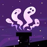 Halloween ghosts flying around chimney isolated on purple background