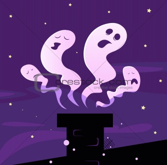 Halloween ghosts flying around chimney isolated on purple background