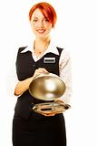 caucasian woman as restaurant waitress is hoding a winch
