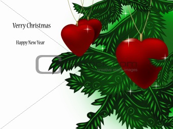 Christmas branch and ball in form heart. Vector
