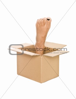 Human foot in a cardboard box