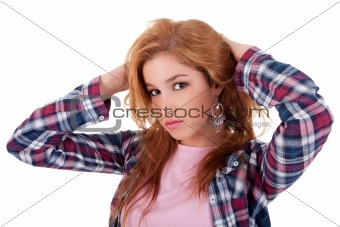 beautiful young woman, holding her hair with his hand, isolated on white studio shot