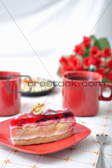 Fruit dessert with tea and napkin