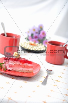 Fruit dessert with tea and napkin