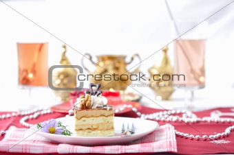 Chocolate dessert with tea and napkin