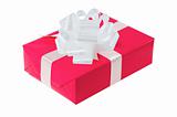 present box with white ribbon bow isolated on white 