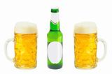 Closeup of beer bottle and two glasses of fresh beer isolated on