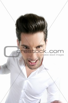 funny gesture dancing young male man over white