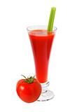 Fresh tomatoes and a glass full of tomato juice isolated on whit