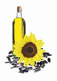 sunflowers seeds and glass bottle oil isolated on white