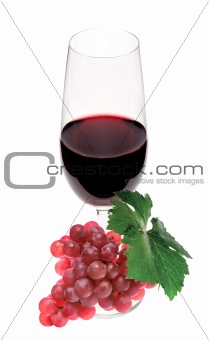 red wine in glass and grape isolated on white background