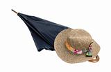 umbrella and hat with colorful bow isolated on the white backgro