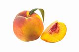 ripe peach fruit with green leaf isolated on white background
