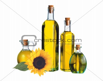 sunflower and glass bottle oil isolated on white