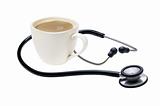 Stethoscope and cup of coffee isolated on white background