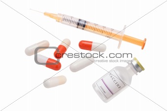 Medical syringe, vaccine and pills isolated on white background