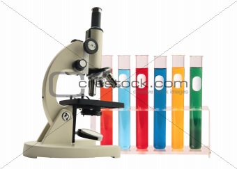 Laboratory metal microscope and test tubes with liquid isolated 