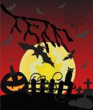 Dark Halloween card with bat, cat and pumpkin