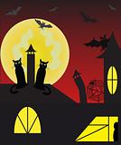 black cats on the roof and bats against moon