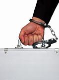 hand with handcuff and a suitcase