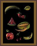 Chalk drawing of fruits on black board