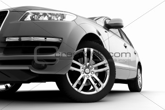 Car front bumper, light and wheel on white
