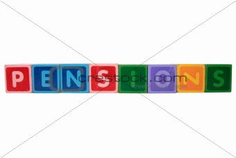 pensions in wooden block letters